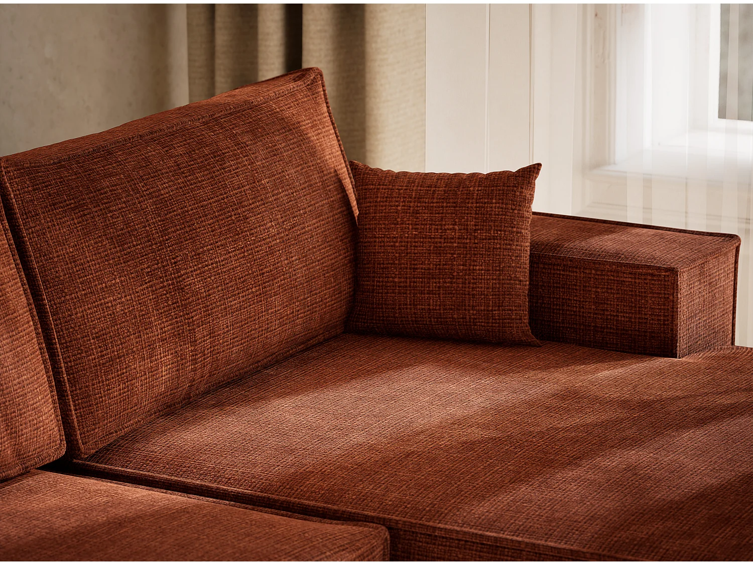 Canapé d'angle panoramique avec fonction lit en tissu chenille cuivre KYOTO