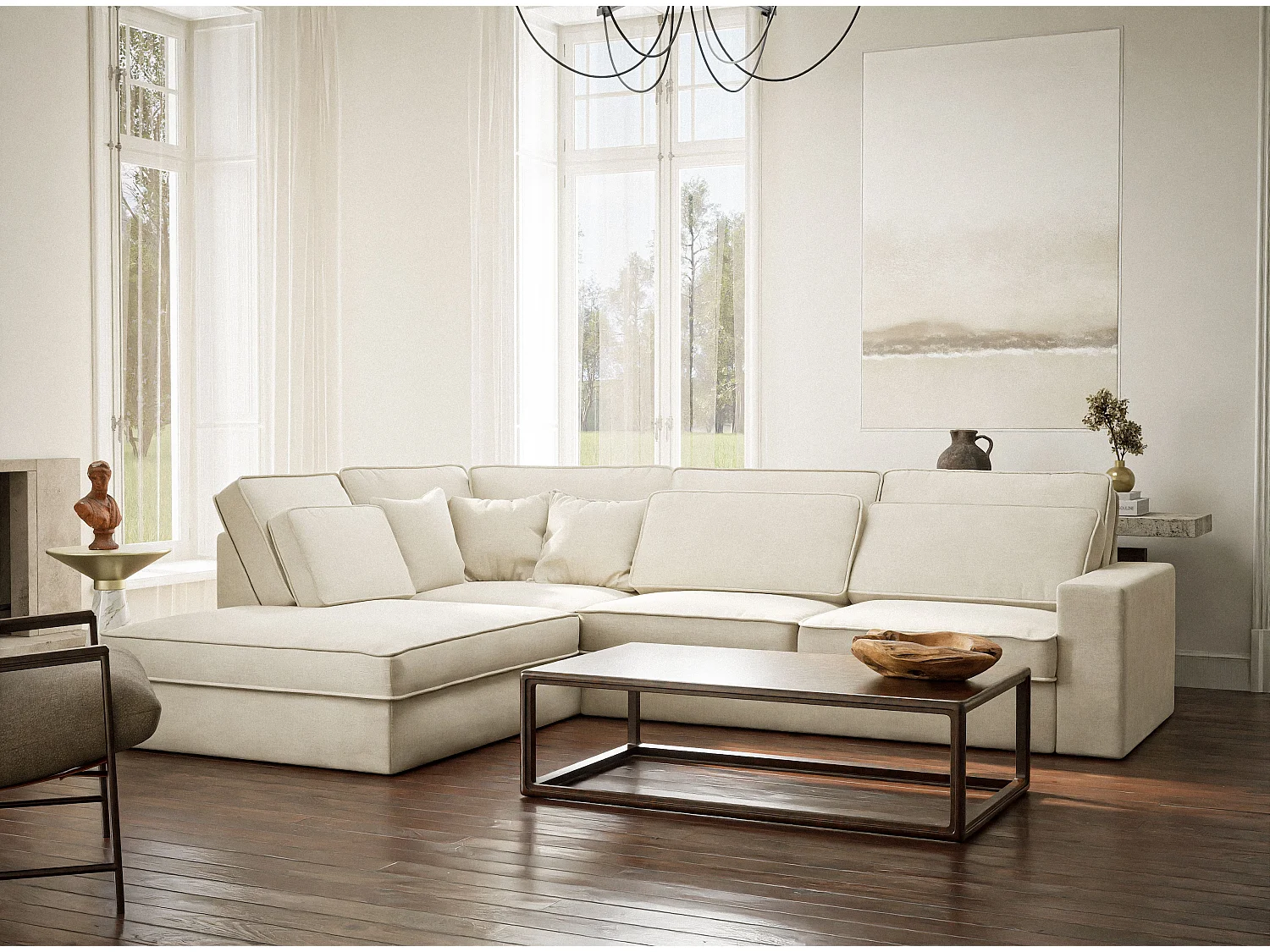 Canapé d'angle gauche 5 places en tissu chenille creme KIROU