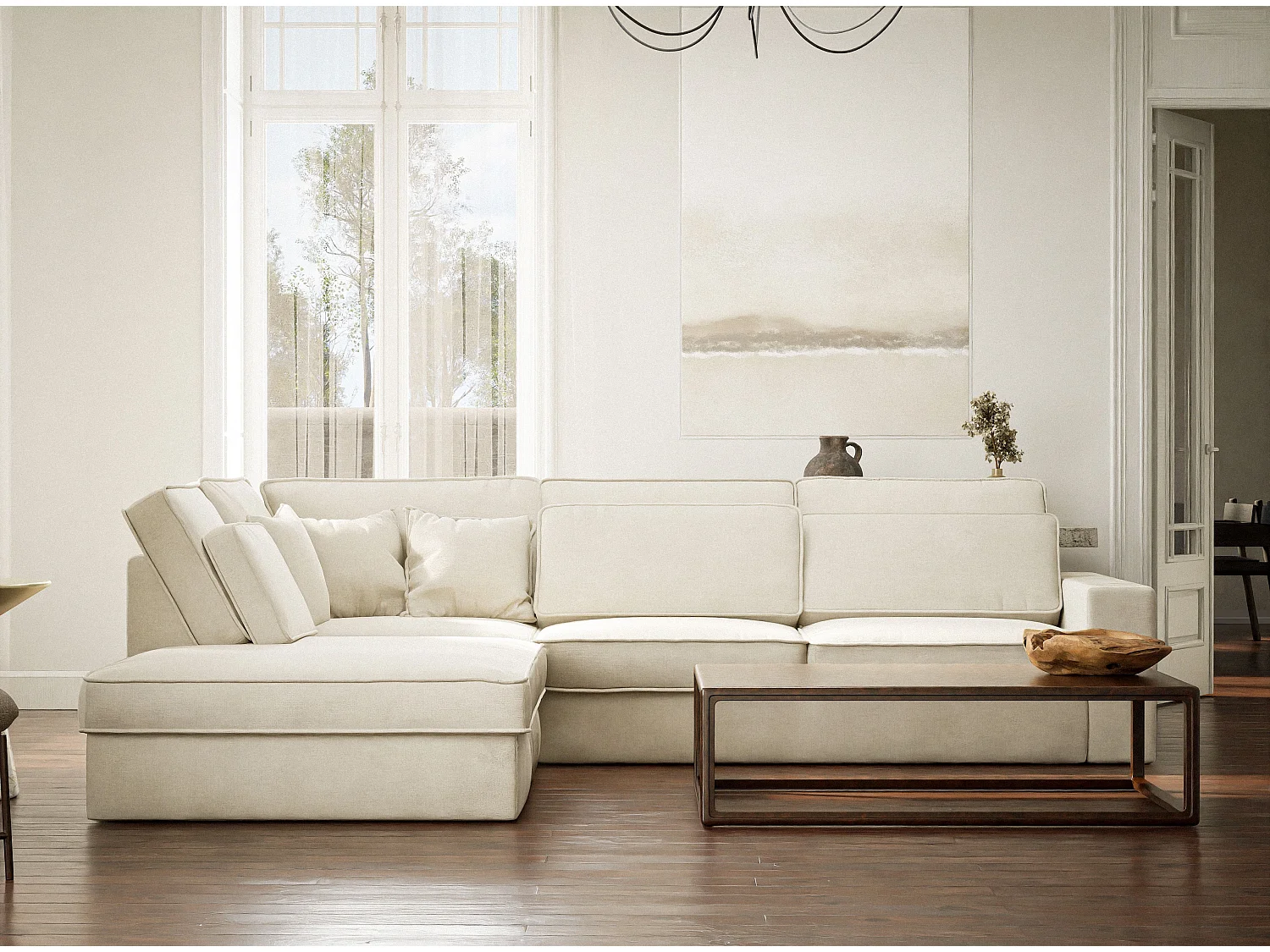 Canapé d'angle gauche 5 places en tissu chenille creme KIROU