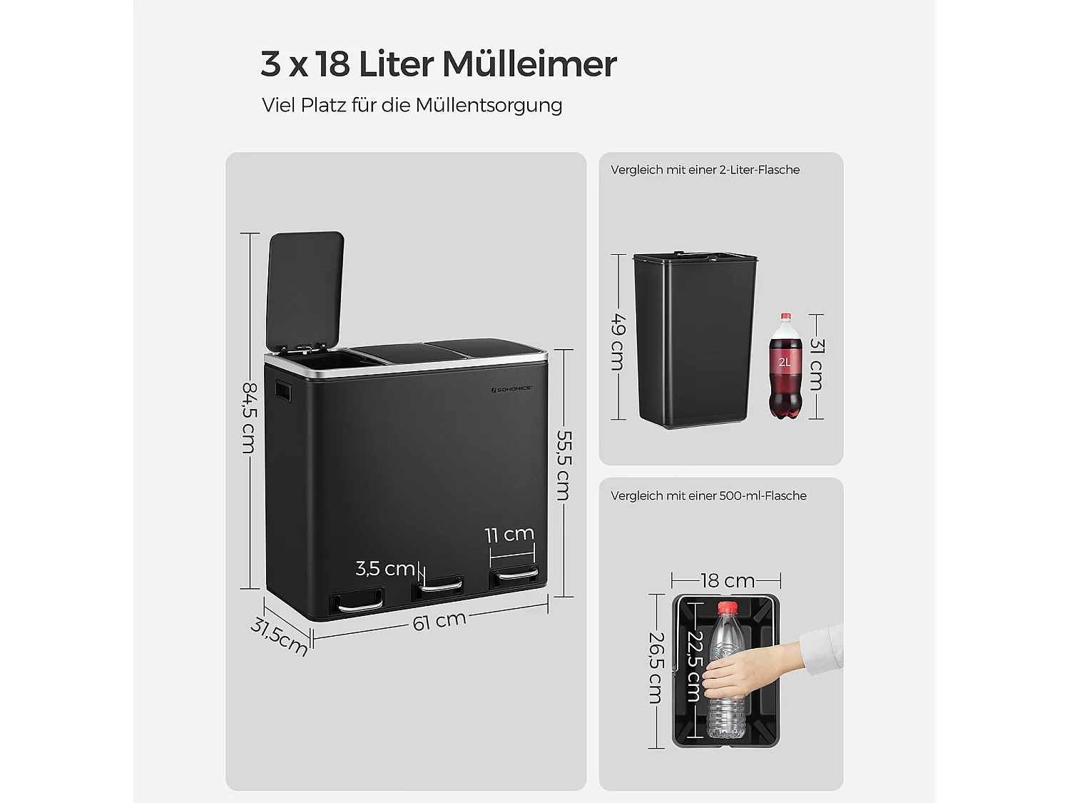 SONGMICS Genbrugsspand, 3 x 18 L Triple Kitchen Bin, 3-rums pedalspand med soft-close-låg, indvendige plastspande og håndtag, sort LTB54BK