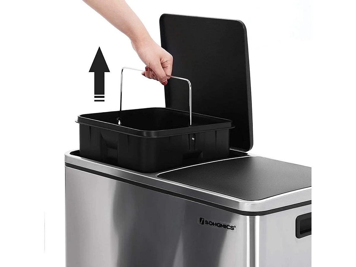SONGMICS Dobbelt skraldespand, 2 x 30 L køkkenaffaldsspand med 15 affaldsposer, metalpedalspand med indvendige plastspande og låg, blød lukning, lugtforsegling,