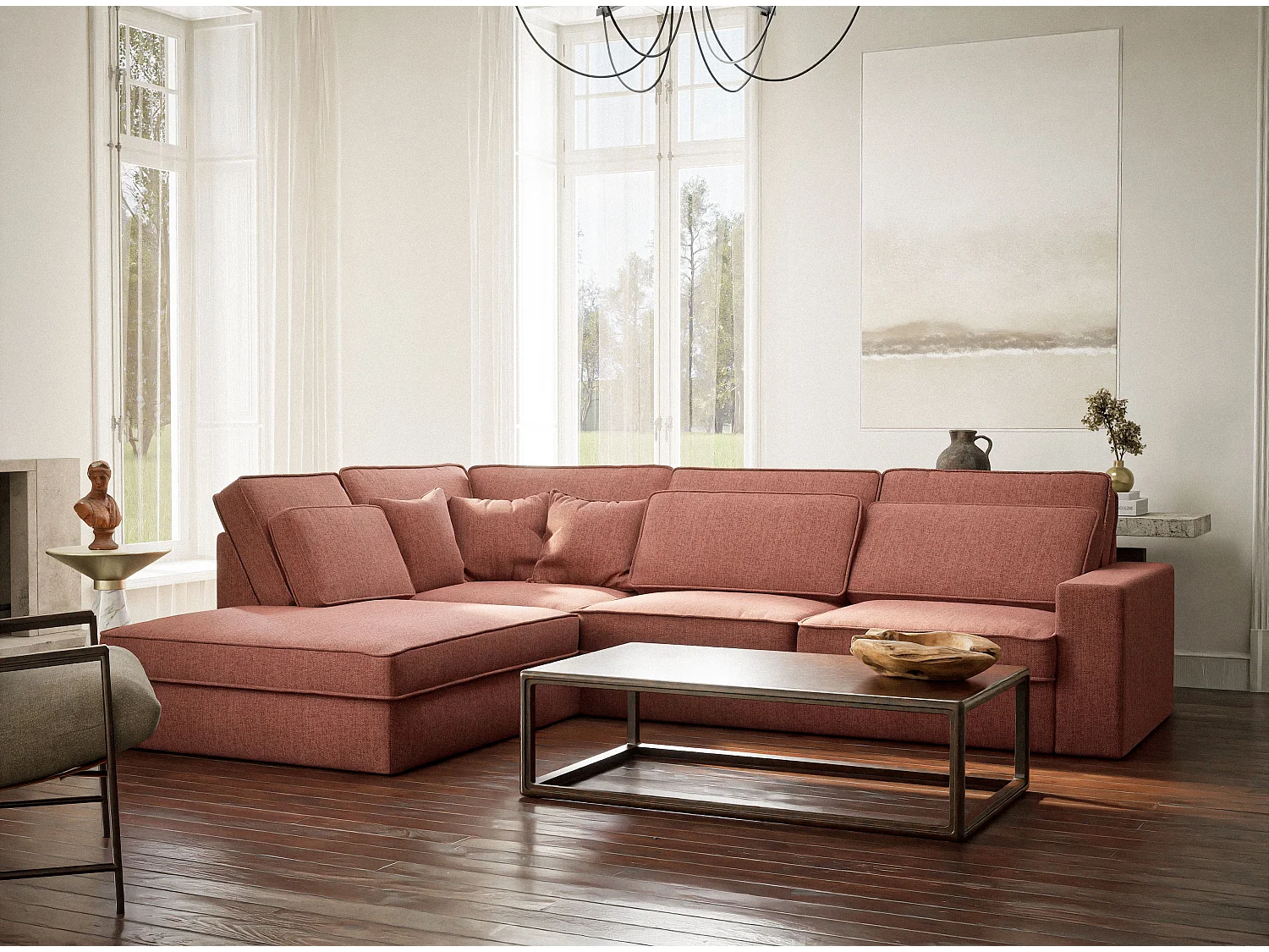 Canapé d'angle gauche 5 places en tissu tressé corail KIROU