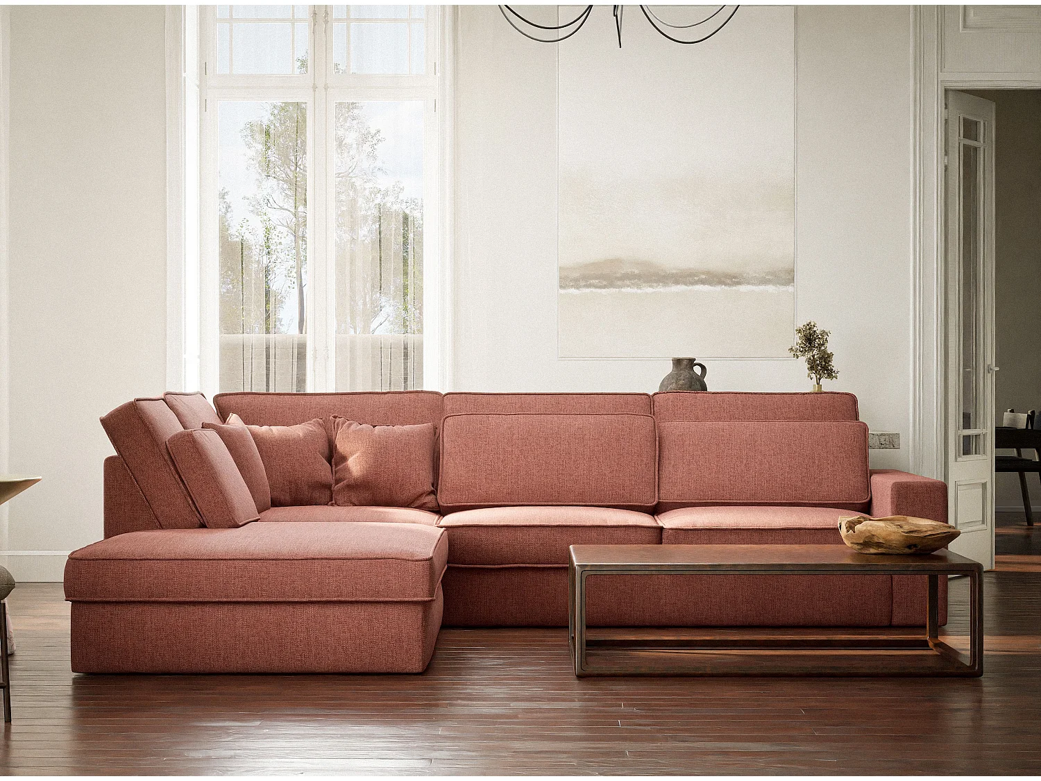 Canapé d'angle gauche 5 places en tissu tressé corail KIROU