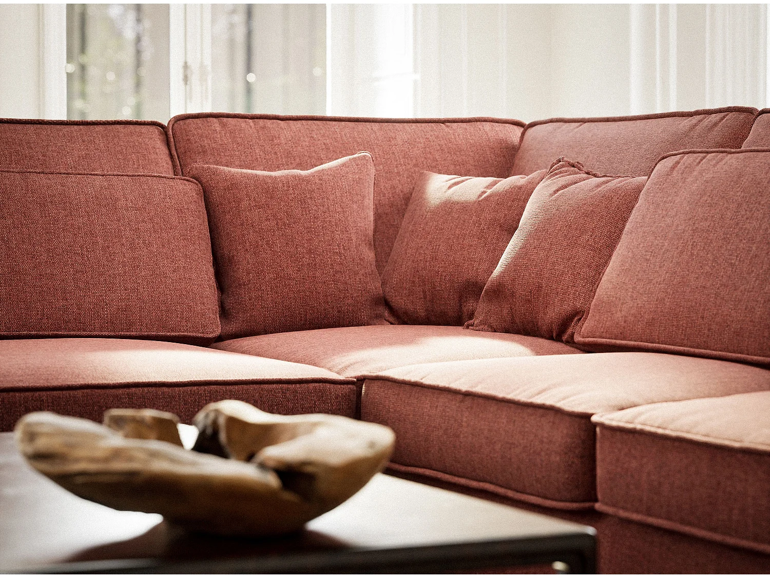 Canapé d'angle gauche 5 places en tissu tressé corail KIROU