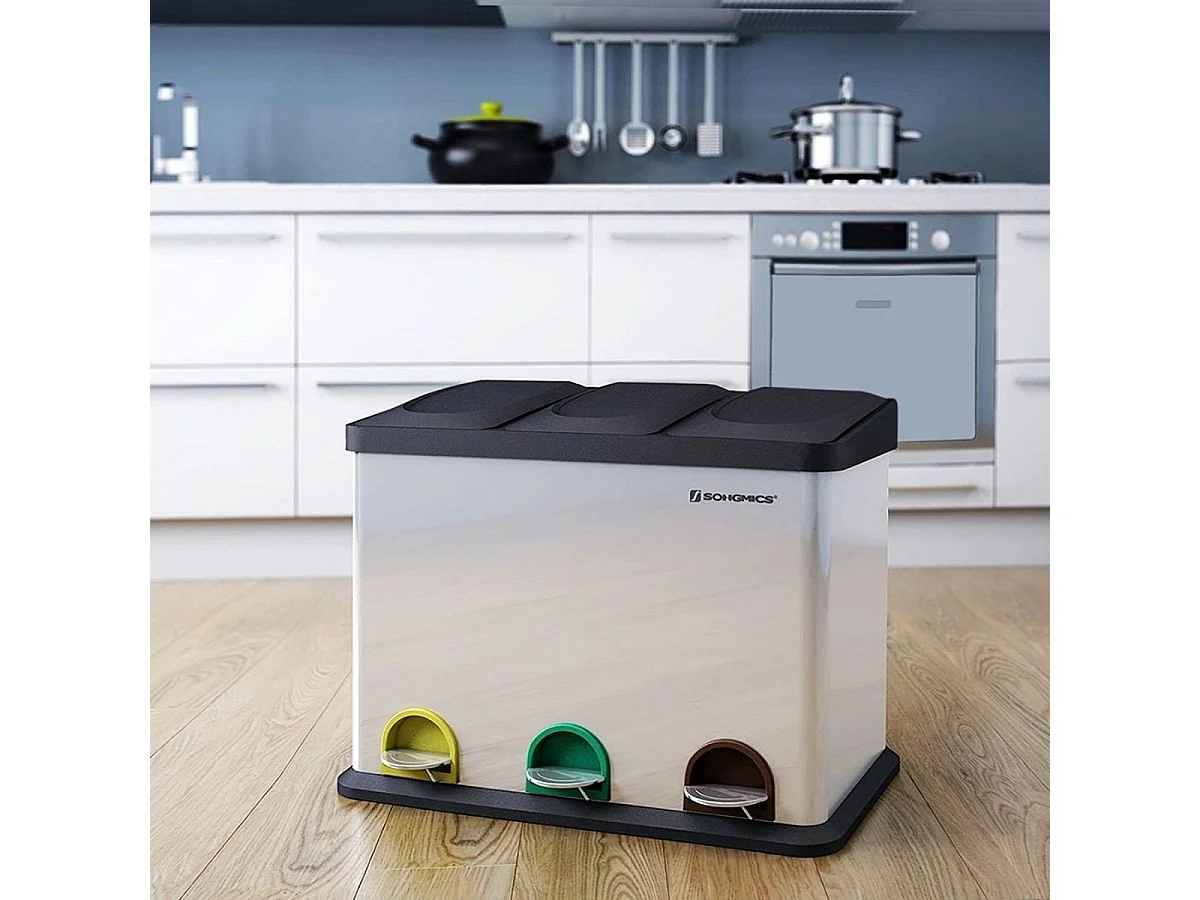 SONGMICS Pattumiera per il riciclaggio, pattumiera a pedale, pattumiera in metallo da 45 litri, pattumiera per la separazione dei rifiuti in cucina, resistente, 3