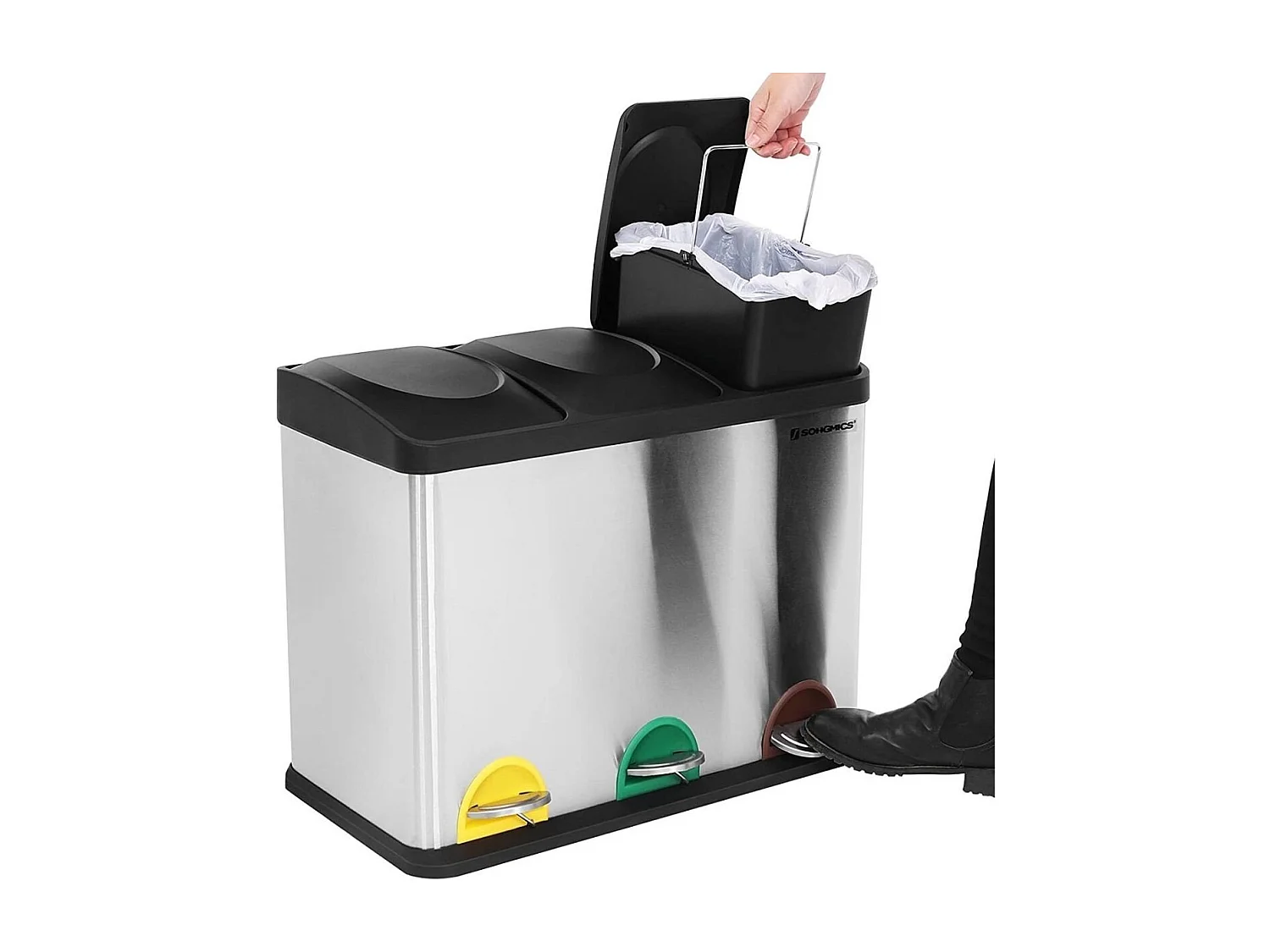 SONGMICS Pattumiera per il riciclaggio, pattumiera a pedale, pattumiera in metallo da 45 litri, pattumiera per la separazione dei rifiuti in cucina, resistente, 3