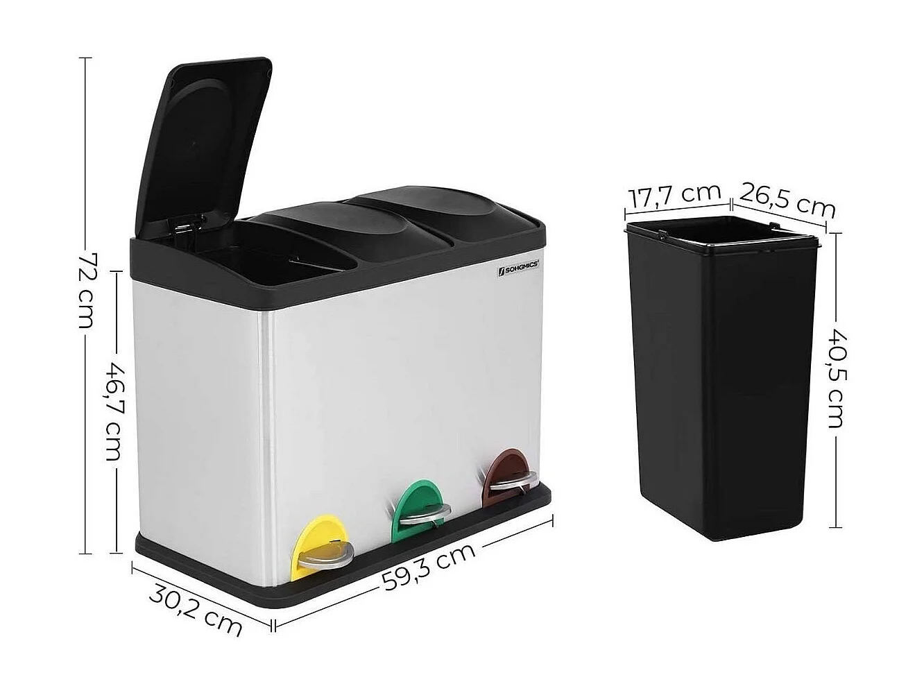 SONGMICS Pattumiera per il riciclaggio, pattumiera a pedale, pattumiera in metallo da 45 litri, pattumiera per la separazione dei rifiuti in cucina, resistente, 3