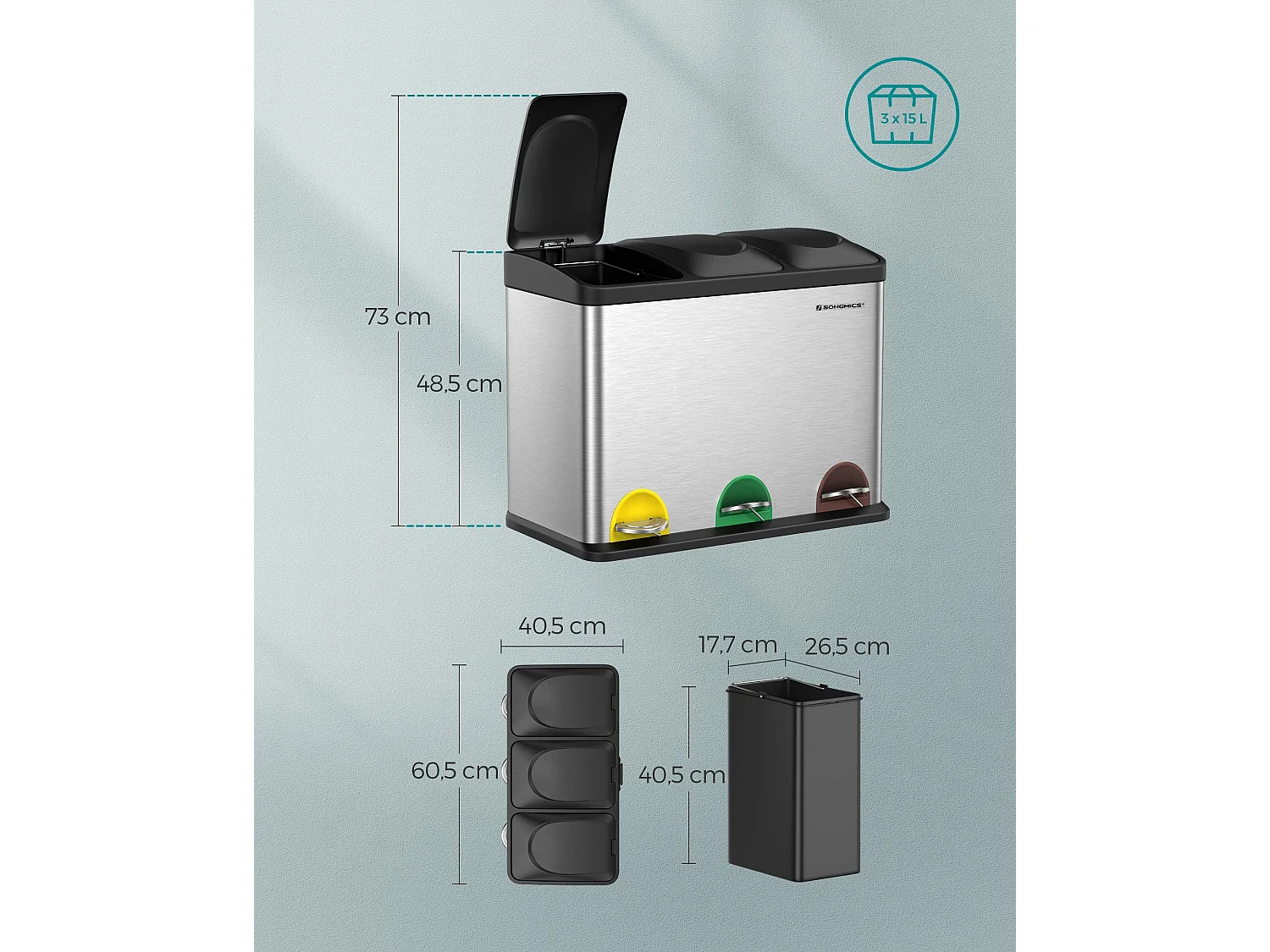 SONGMICS Pattumiera per il riciclaggio, pattumiera a pedale, pattumiera in metallo da 45 litri, pattumiera per la separazione dei rifiuti in cucina, resistente, 3
