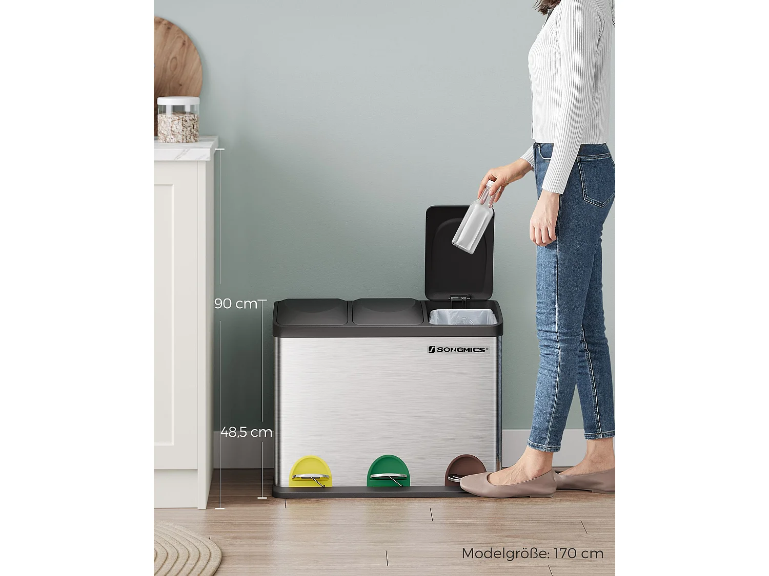 SONGMICS Pattumiera per il riciclaggio, pattumiera a pedale, pattumiera in metallo da 45 litri, pattumiera per la separazione dei rifiuti in cucina, resistente, 3