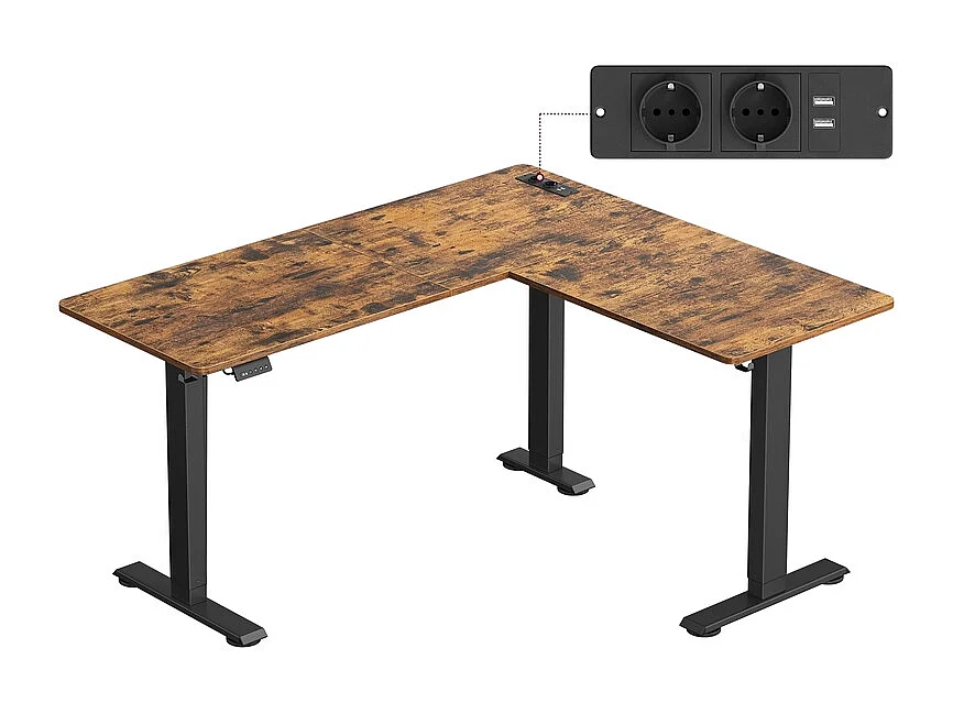 Height-adjustable L-shaped desk 140 x 160 cm vintage brown-ink black