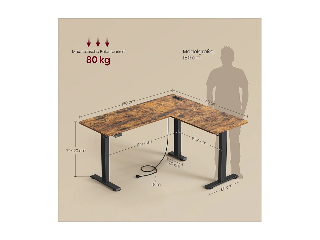 Height-adjustable L-shaped desk 140 x 160 cm vintage brown-ink black