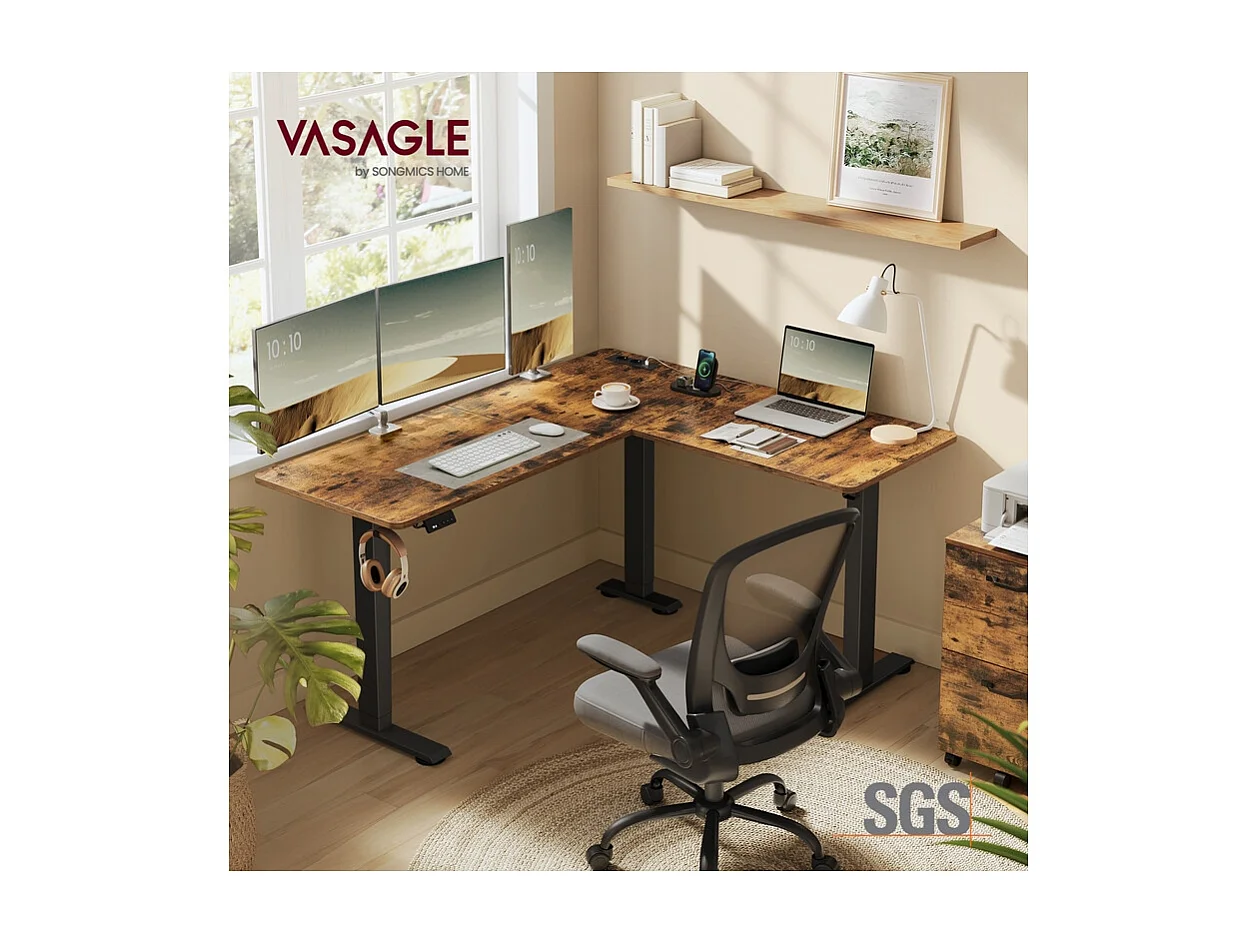 Height-adjustable L-shaped desk 140 x 160 cm vintage brown-ink black