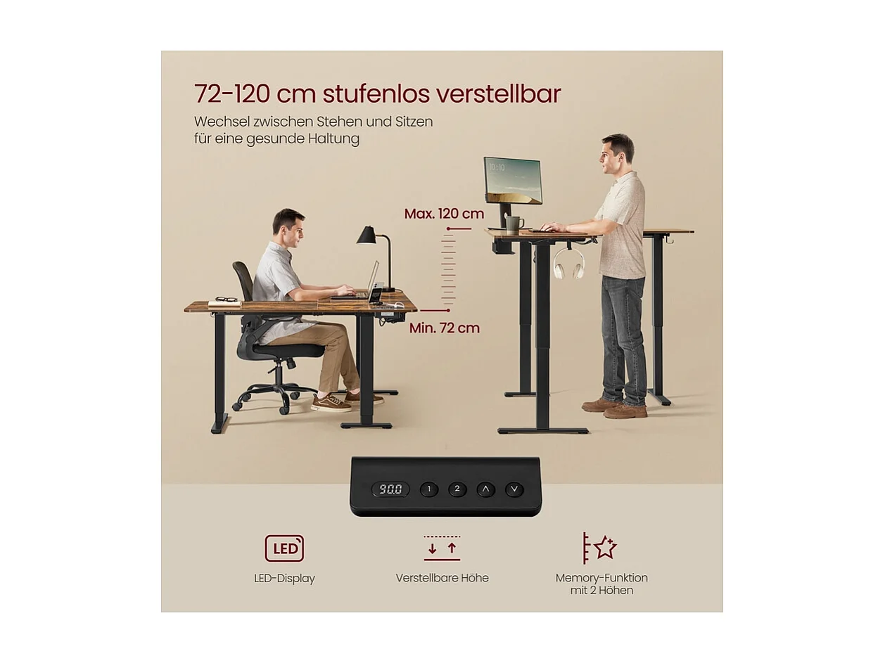 Height-adjustable L-shaped desk 140 x 160 cm vintage brown-ink black