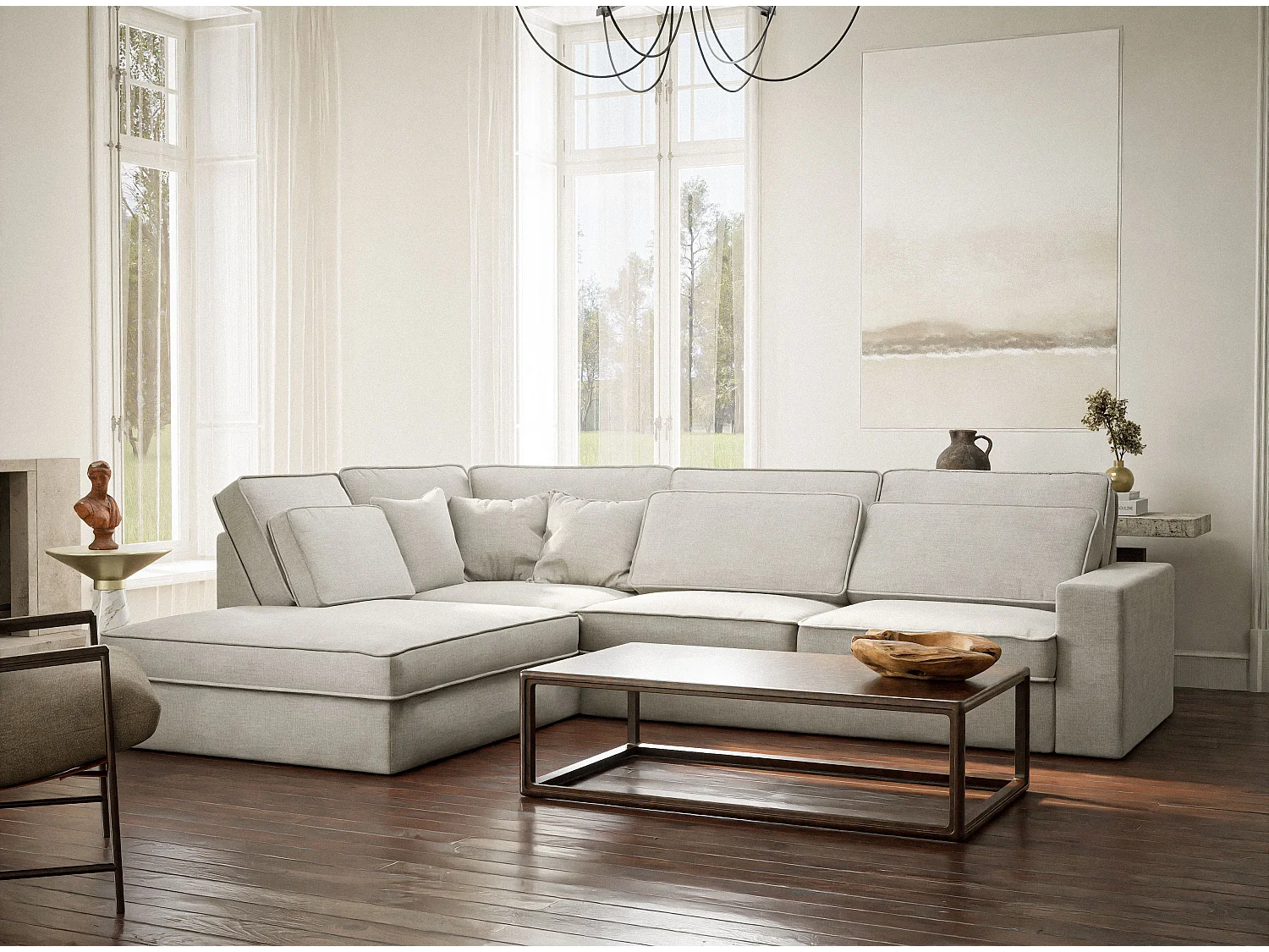 Canapé d'angle gauche 5 places en tissu chenille beige clair KIROU