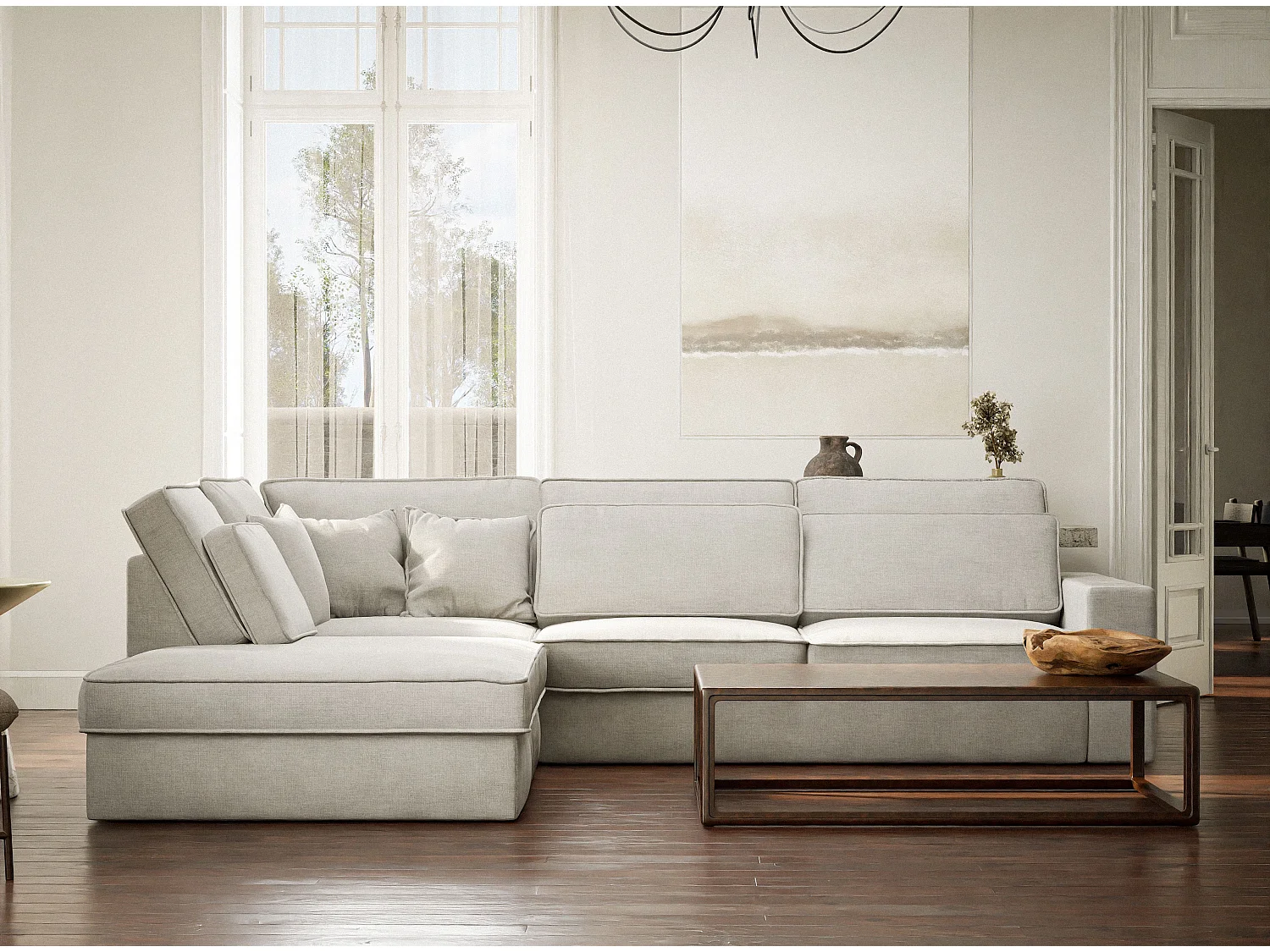 Canapé d'angle gauche 5 places en tissu chenille beige clair KIROU