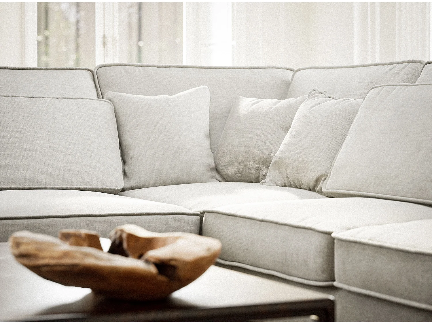 Canapé d'angle gauche 5 places en tissu chenille beige clair KIROU