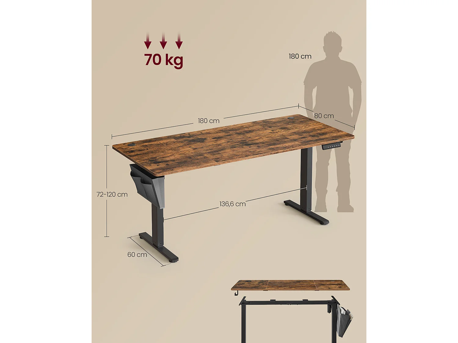 Højdejusterbart elektrisk skrivebord 180 x 80 x (72-120) cm