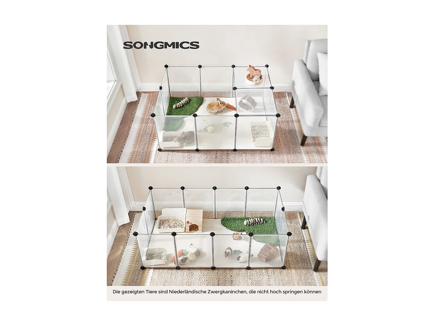 SONGMICS Pet Playpen with Floor, Small Animal Enclosure, DIY Plastic Cage, Indoor Run for Hamsters, Rabbits, Hedgehogs, Guinea Pigs, White LPC001W01