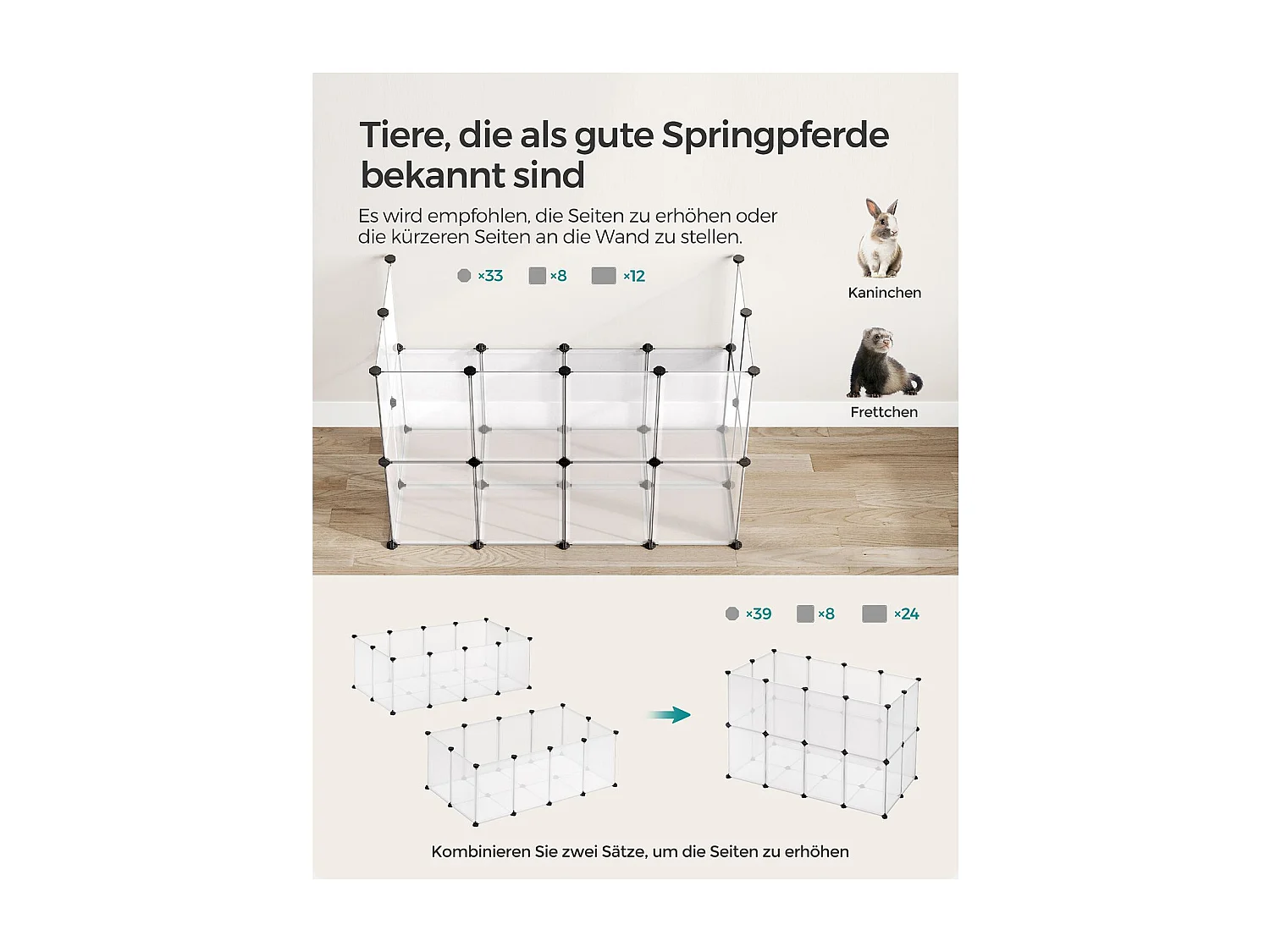 SONGMICS Pet Playpen with Floor, Small Animal Enclosure, DIY Plastic Cage, Indoor Run for Hamsters, Rabbits, Hedgehogs, Guinea Pigs, White LPC001W01