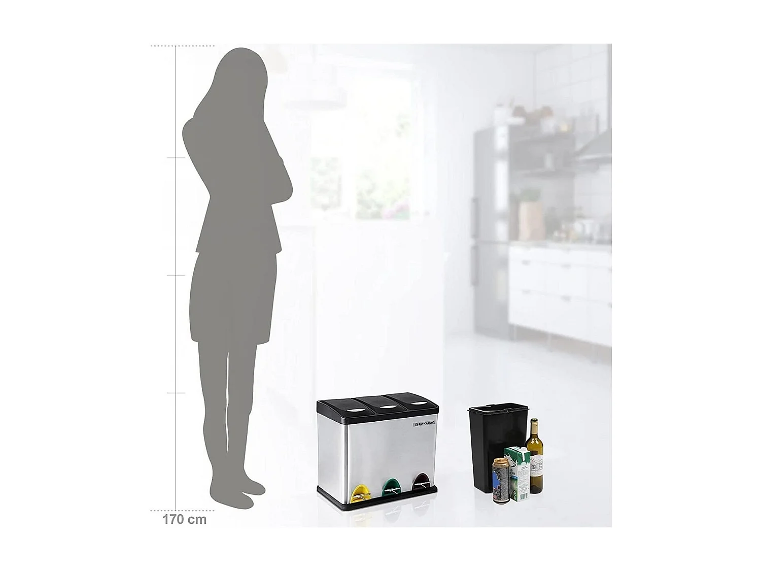 SONGMICS Pattumiera per il riciclaggio, pattumiera a pedale 3 in 1, pattumiera in metallo da 24 litri, pattumiera per la separazione dei rifiuti in cucina, facile