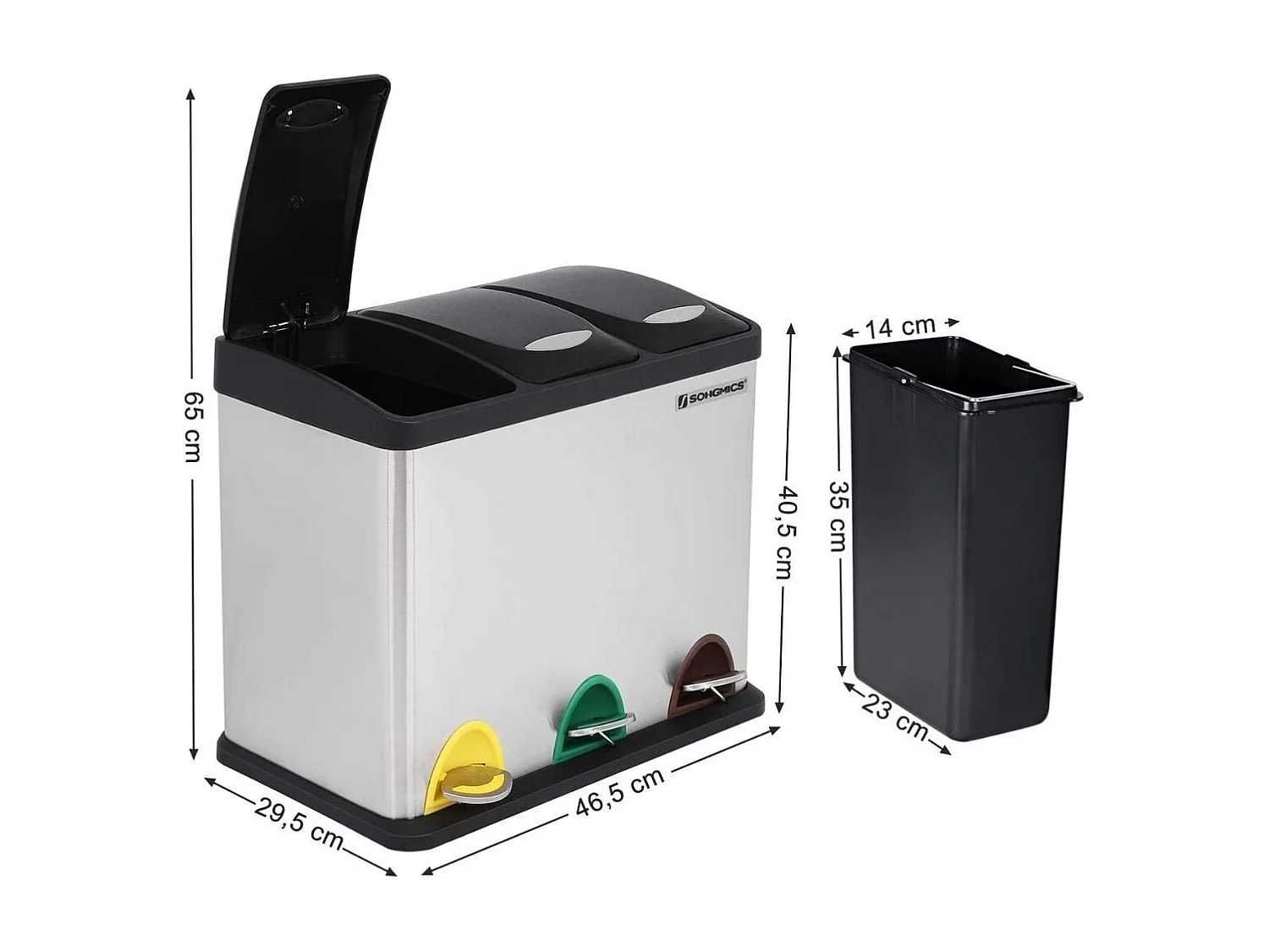 SONGMICS Pattumiera per il riciclaggio, pattumiera a pedale 3 in 1, pattumiera in metallo da 24 litri, pattumiera per la separazione dei rifiuti in cucina, facile