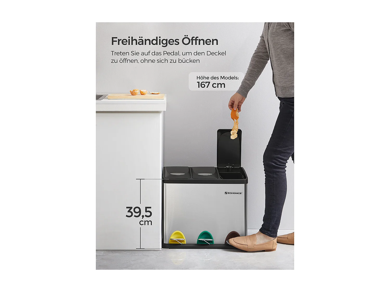 SONGMICS Pattumiera per il riciclaggio, pattumiera a pedale 3 in 1, pattumiera in metallo da 24 litri, pattumiera per la separazione dei rifiuti in cucina, facile
