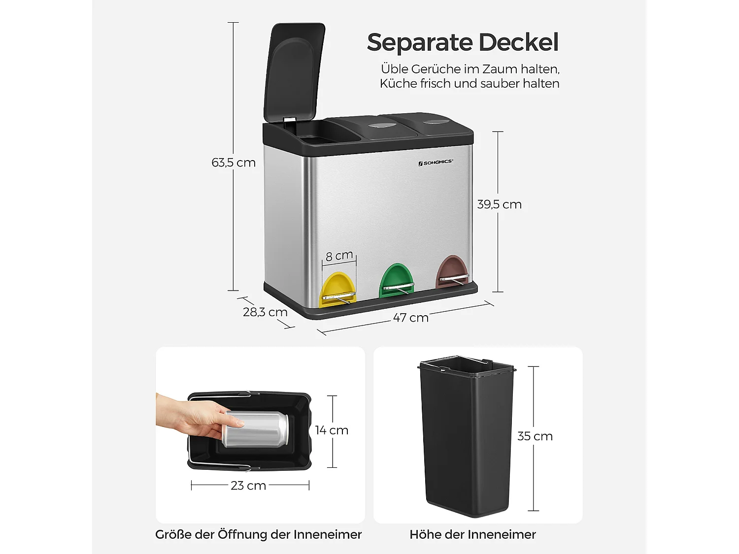 SONGMICS Pattumiera per il riciclaggio, pattumiera a pedale 3 in 1, pattumiera in metallo da 24 litri, pattumiera per la separazione dei rifiuti in cucina, facile