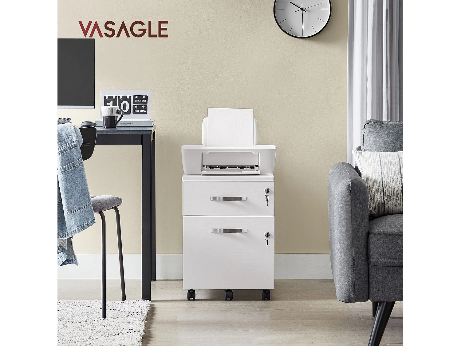 VASAGLE Låsbart arkivskåp, förvaringspelare med 2 lådor, 5 hjul och justerbara hängmappar, för hemmakontor, rustik brun-svart LCD22WV1
