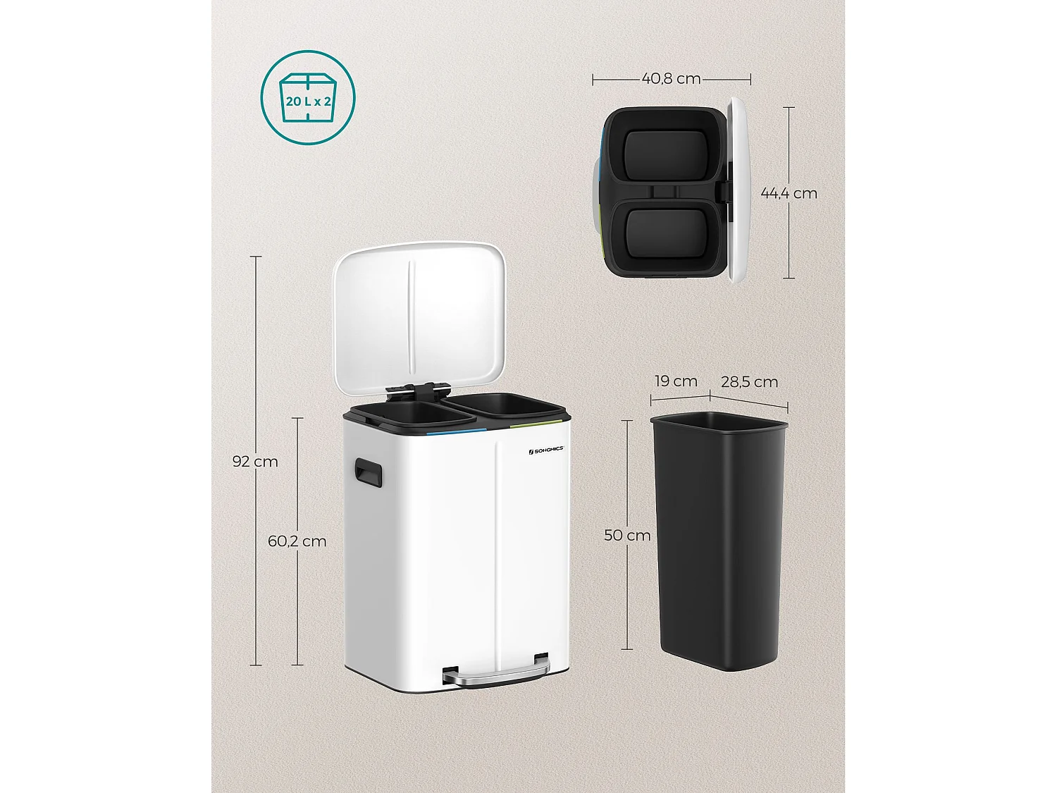 Cestino per rifiuti 40 litri (2 x 20 L) Bianco