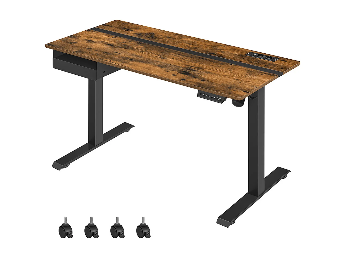 VASAGLE Height-Adjustable Electric Desk with Socket and Drawer, 60 x 140 cm Table Surface, Infinitely Adjustable, Memory Function with 4 Heights, Vintage