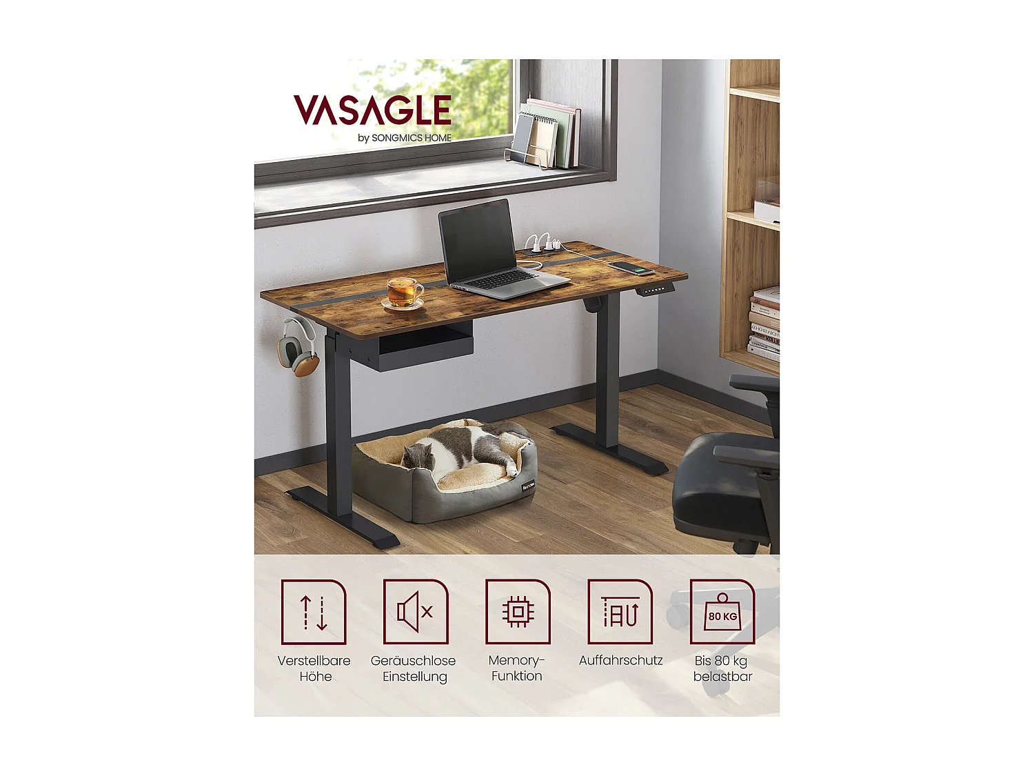 VASAGLE Height-Adjustable Electric Desk with Socket and Drawer, 60 x 140 cm Table Surface, Infinitely Adjustable, Memory Function with 4 Heights, Vintage