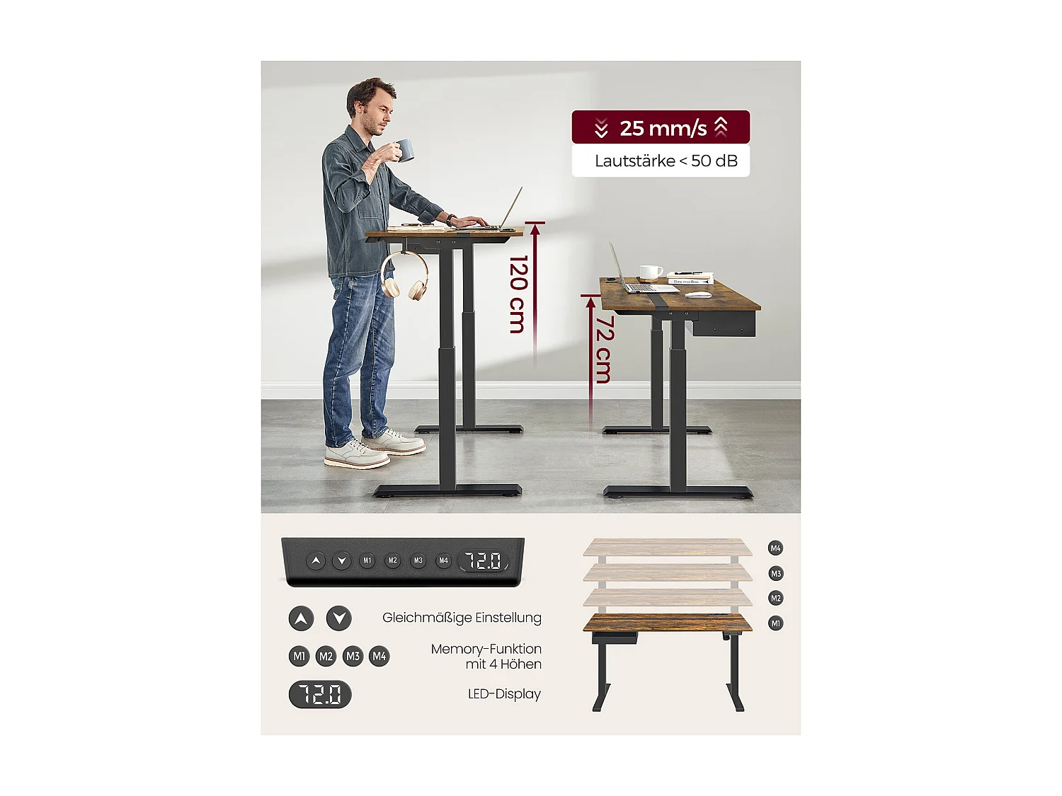 VASAGLE Height-Adjustable Electric Desk with Socket and Drawer, 60 x 140 cm Table Surface, Infinitely Adjustable, Memory Function with 4 Heights, Vintage