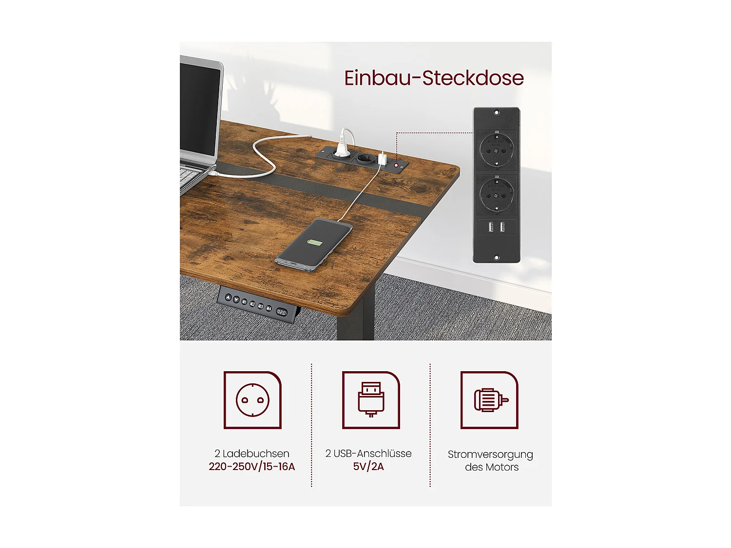 VASAGLE Height-Adjustable Electric Desk with Socket and Drawer, 60 x 140 cm Table Surface, Infinitely Adjustable, Memory Function with 4 Heights, Vintage