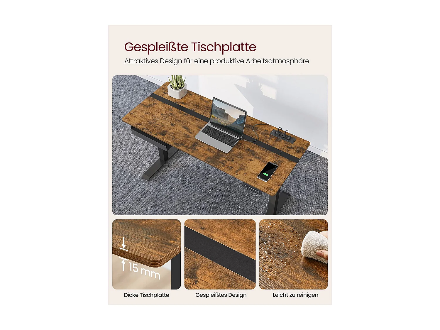 VASAGLE Height-Adjustable Electric Desk with Socket and Drawer, 60 x 140 cm Table Surface, Infinitely Adjustable, Memory Function with 4 Heights, Vintage