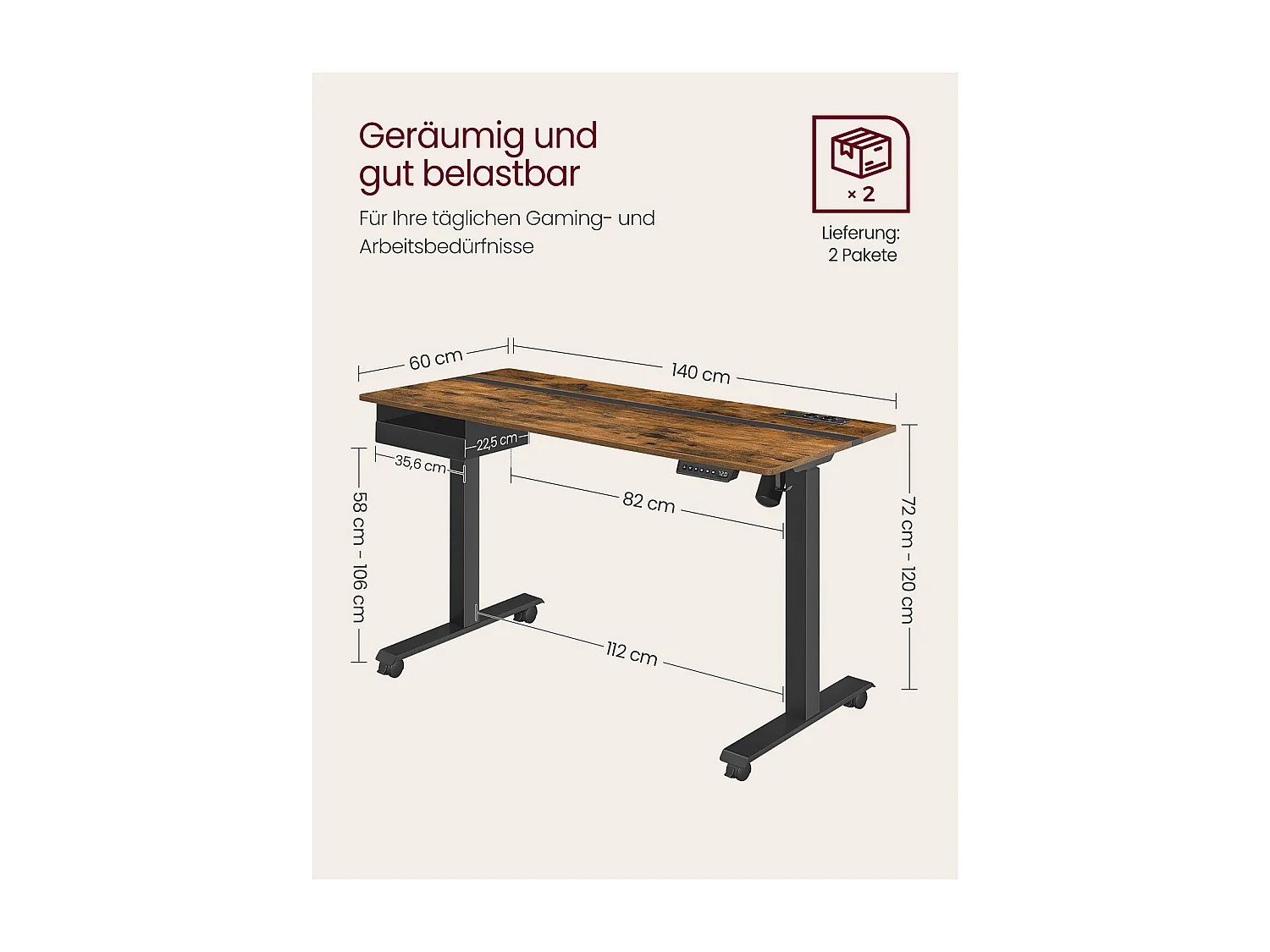 VASAGLE Height-Adjustable Electric Desk with Socket and Drawer, 60 x 140 cm Table Surface, Infinitely Adjustable, Memory Function with 4 Heights, Vintage