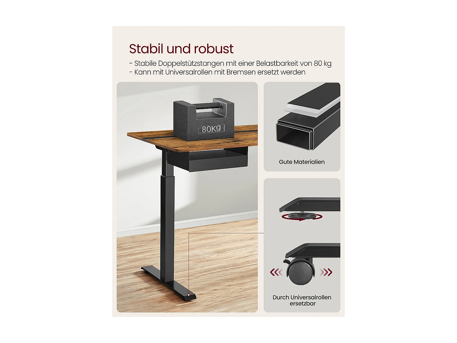 VASAGLE Height-Adjustable Electric Desk with Socket and Drawer, 60 x 140 cm Table Surface, Infinitely Adjustable, Memory Function with 4 Heights, Vintage
