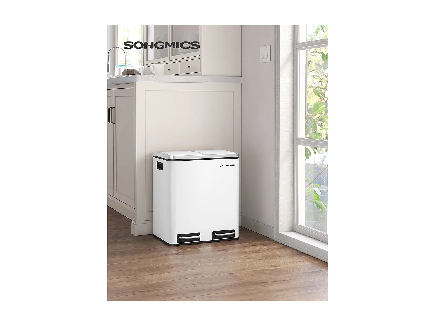 SONGMICS Cestino da cucina, 2 x 15 L in acciaio, cestino con secchi interni e maniglie, chiusura morbida, chiusura antiodore, bianco LTB30WT