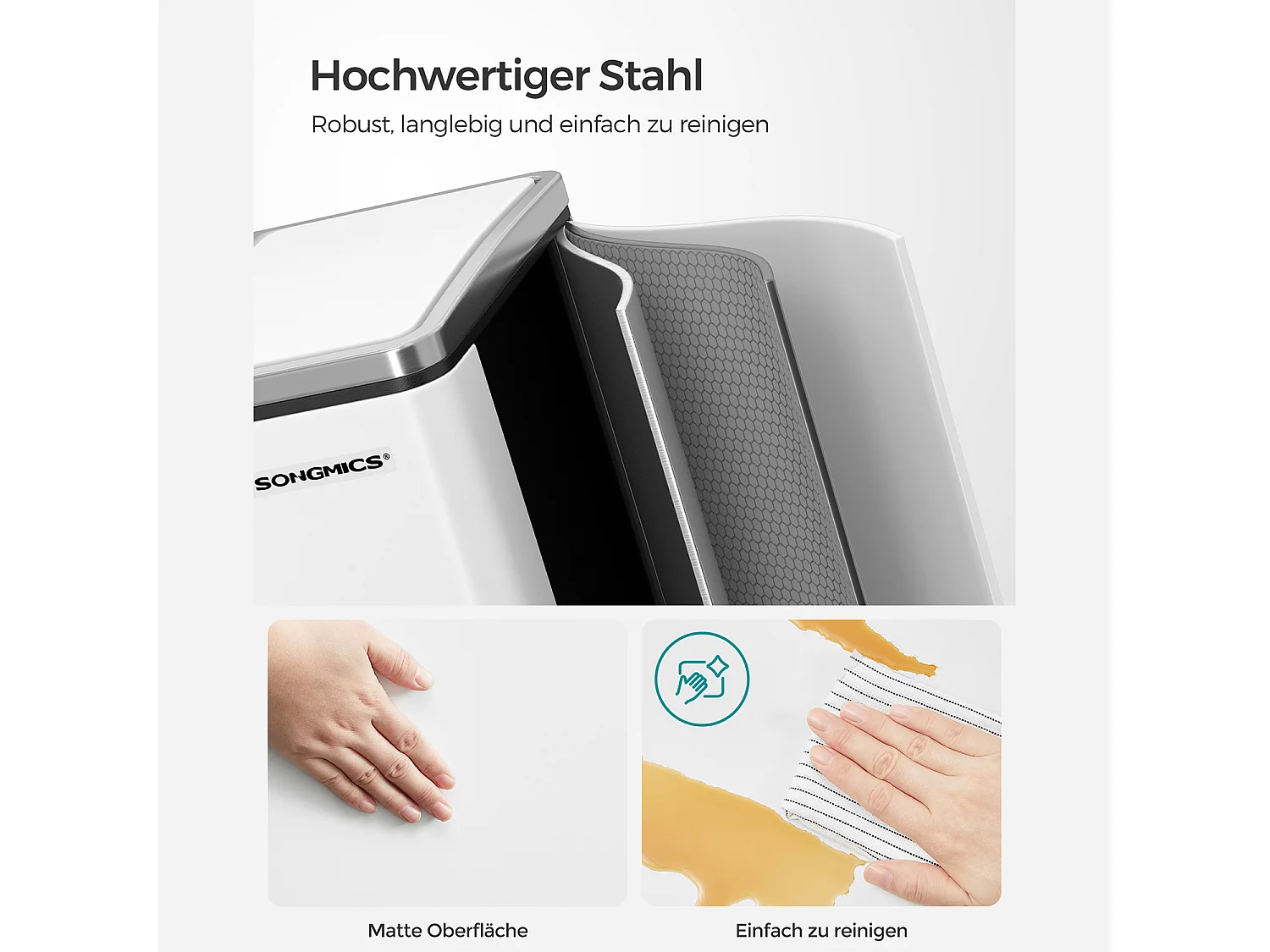 SONGMICS Cestino da cucina, 2 x 15 L in acciaio, cestino con secchi interni e maniglie, chiusura morbida, chiusura antiodore, bianco LTB30WT