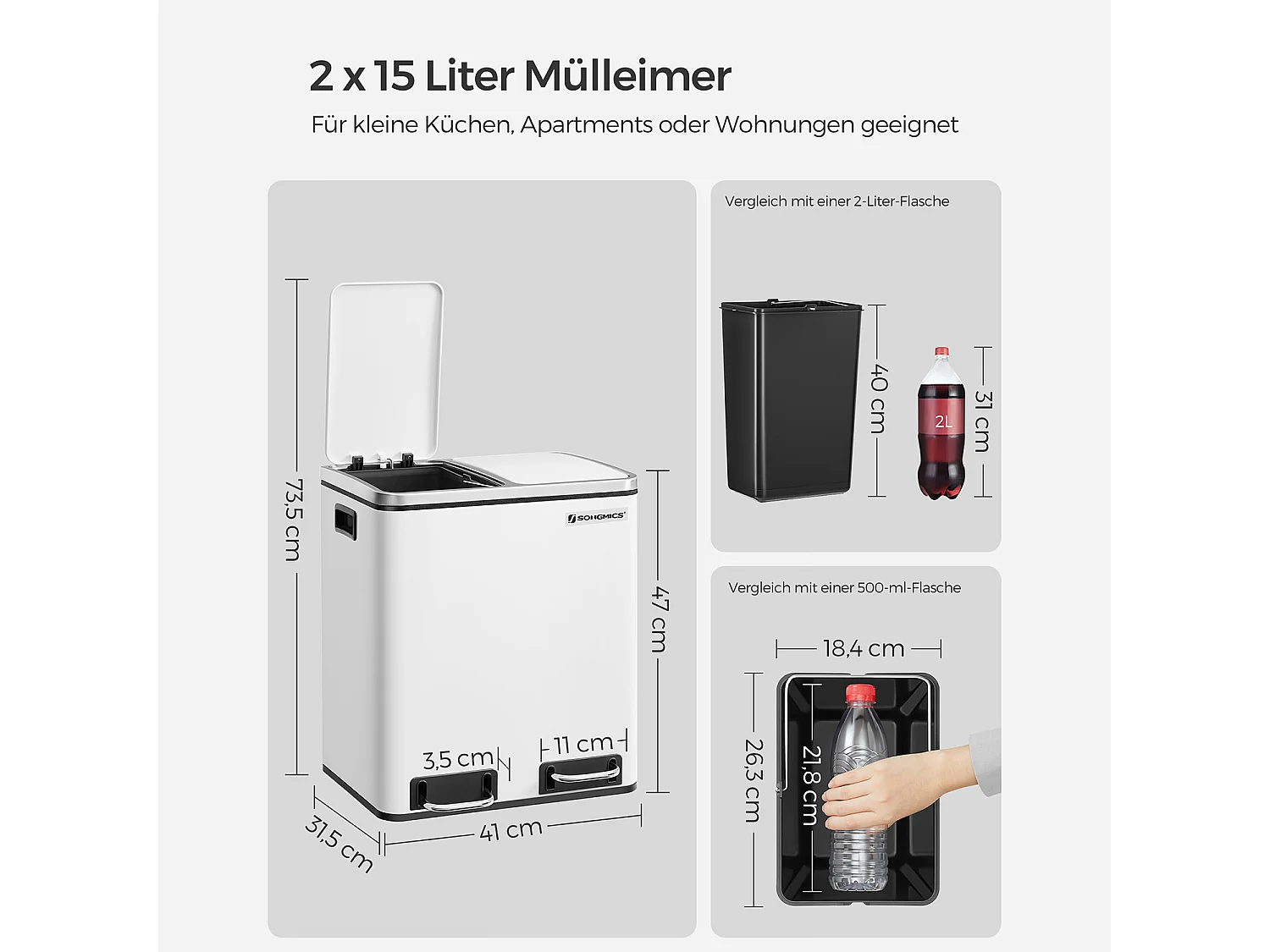 SONGMICS Cestino da cucina, 2 x 15 L in acciaio, cestino con secchi interni e maniglie, chiusura morbida, chiusura antiodore, bianco LTB30WT