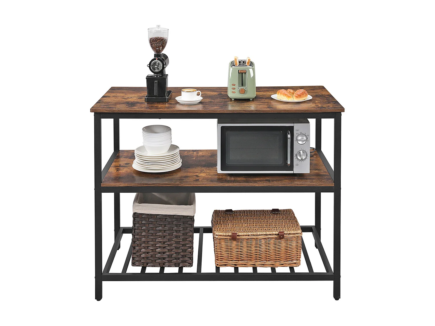 VASAGLE Baker's Rack, Kitchen Island with Large Worktop, Stable Steel Structure, 120 x 60 x 90 cm, Industrial Kitchen Shelf, Easy to Assemble, Rustic Brown and
