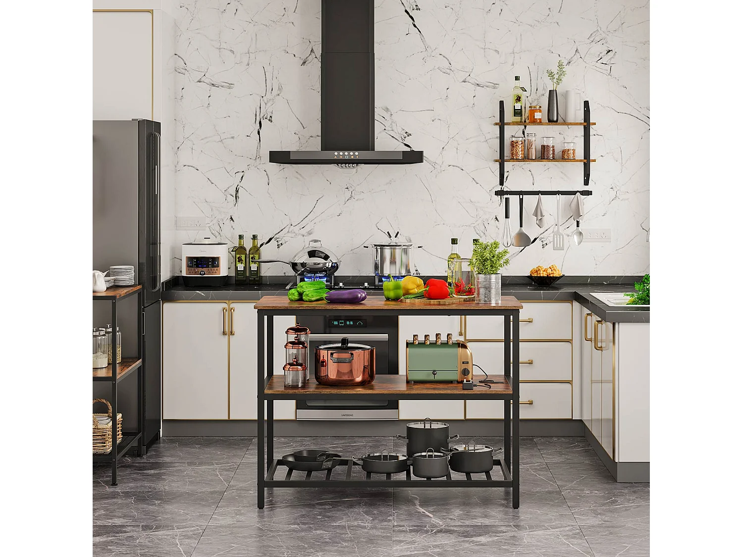 VASAGLE Baker's Rack, Kitchen Island with Large Worktop, Stable Steel Structure, 120 x 60 x 90 cm, Industrial Kitchen Shelf, Easy to Assemble, Rustic Brown and