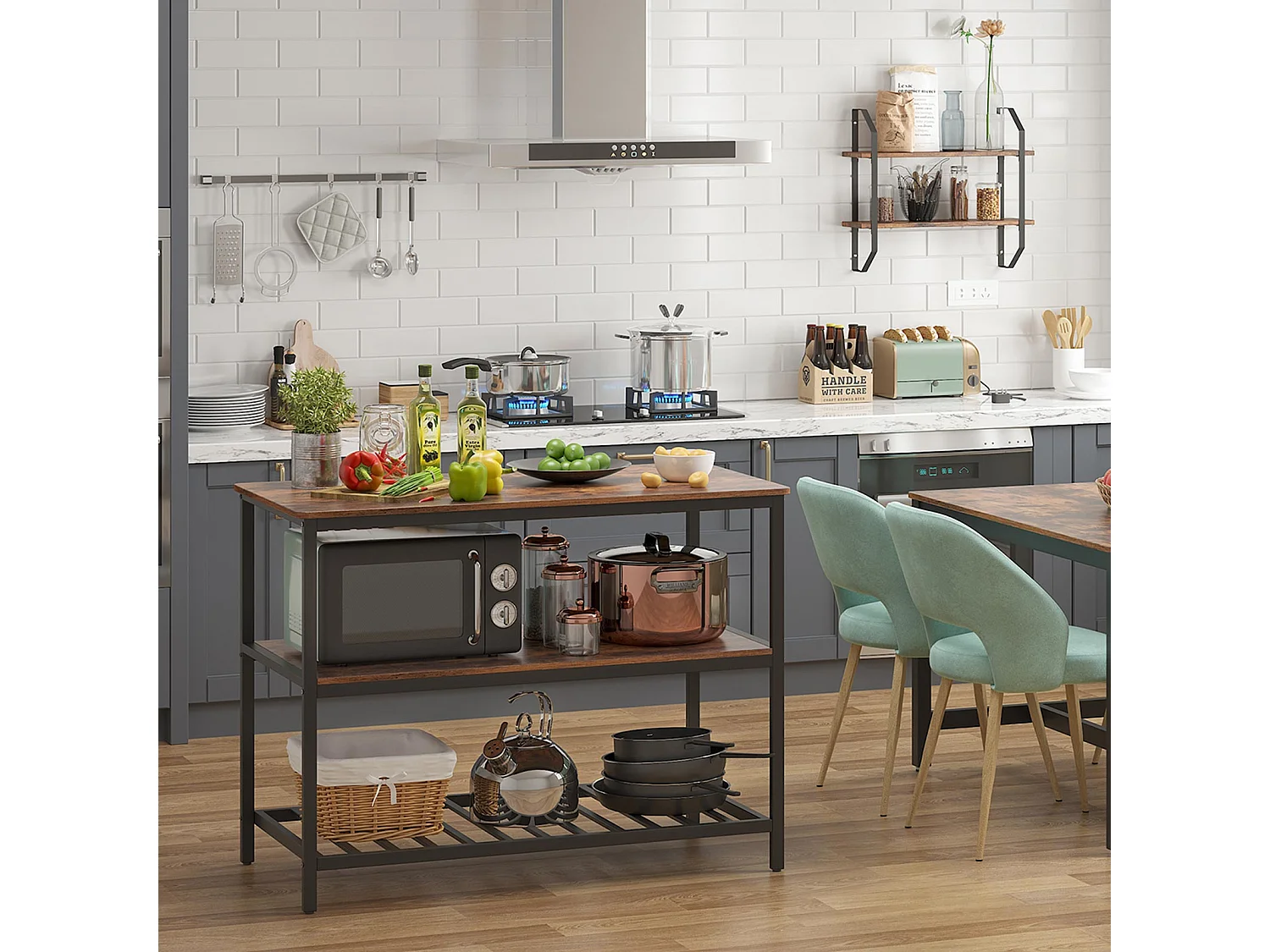 VASAGLE Baker's Rack, Kitchen Island with Large Worktop, Stable Steel Structure, 120 x 60 x 90 cm, Industrial Kitchen Shelf, Easy to Assemble, Rustic Brown and