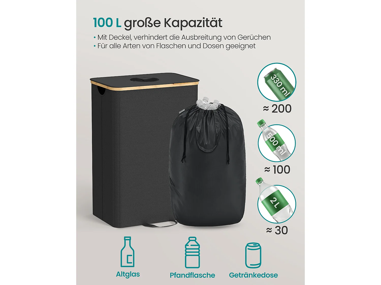 Indsamlingsbeholder til pantflasker 95 L blæk-sort-naturlig beige