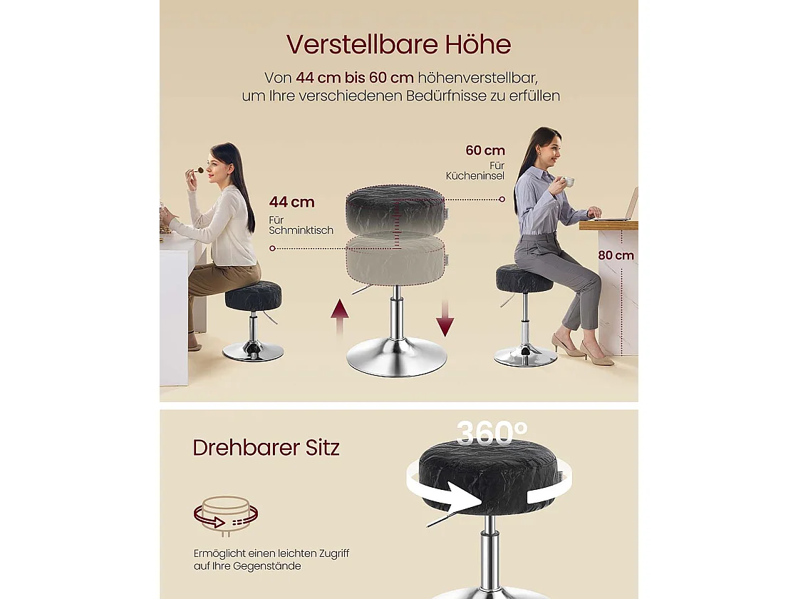 Height-adjustable and 360° swivel make-up stool ink black
