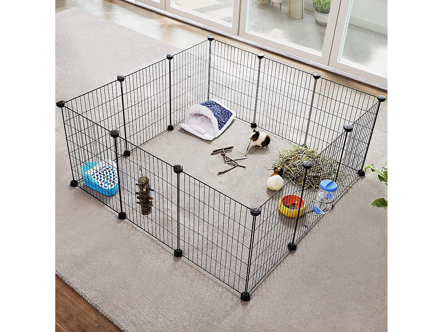 SONGMICS Guinea Pig Playpen, Indoor Rabbit Run Hutch Cage, Large Exercise Enclosure, DIY Metal Modular Fence for Hamster, Pet, Small Animals, Black LPI01H