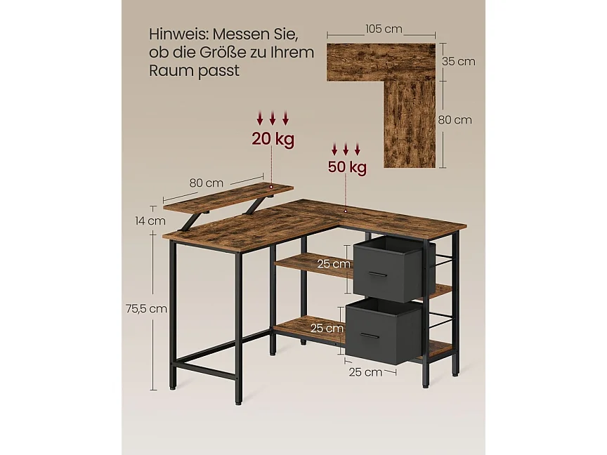 L-formet skrivebord med 2 skuffer 115 x 105 cm