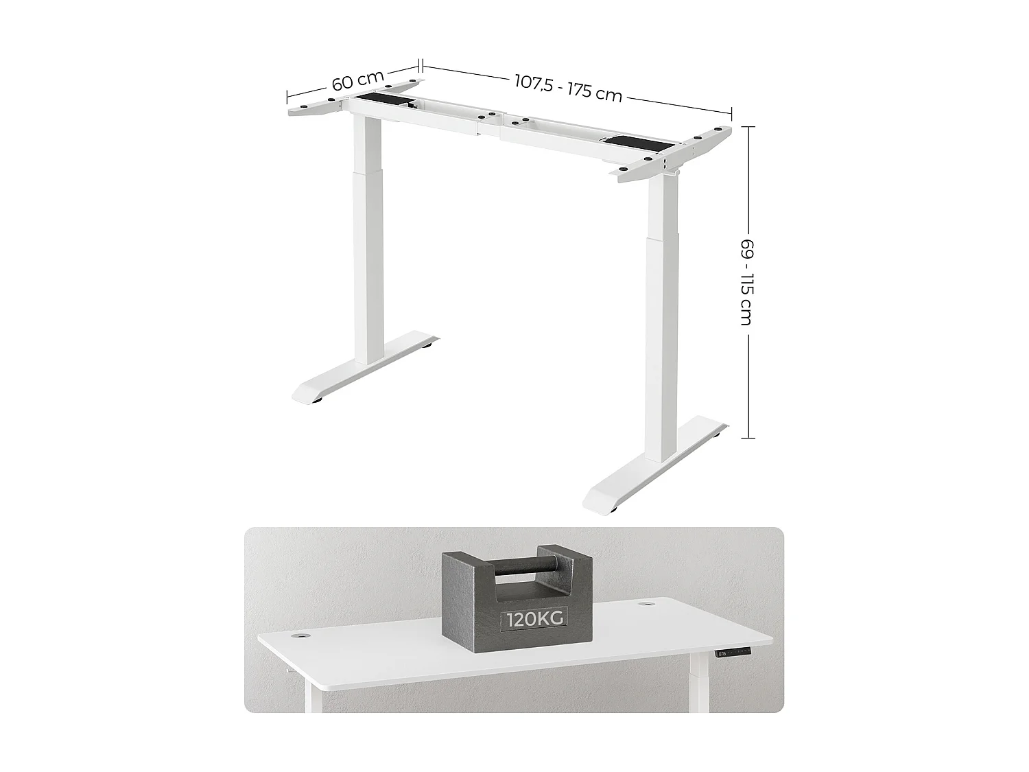 SONGMICS Bureau électrique réglable en hauteur, support de bureau, double moteur, avec crochet, réglable en continu, fonction mémoire, acier, blanc