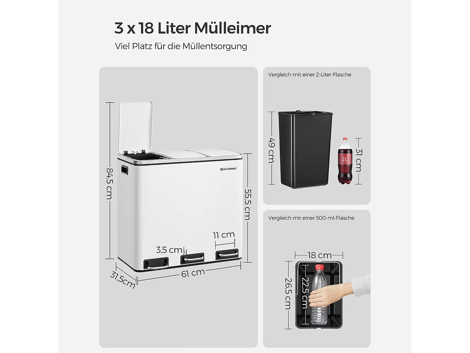 SONGMICS Genbrugsspand, 3 x 18 L tredobbelt køkkenspand, pedalspand med 3 rum og soft-close-låg, indvendige plastspande og håndtag, hvid LTB54WT