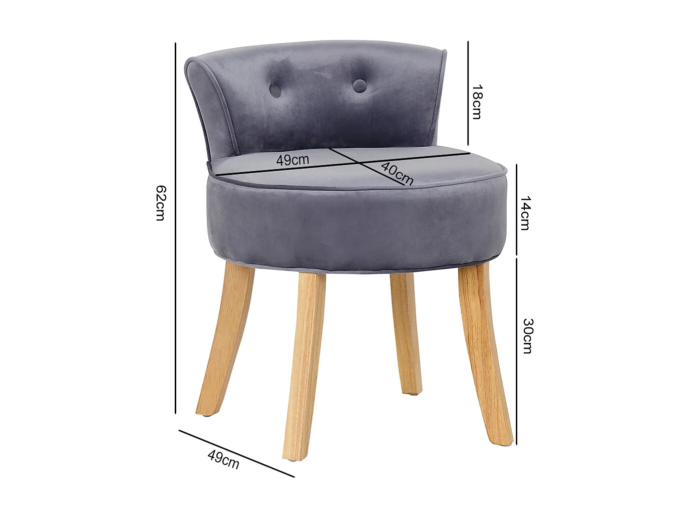 Velvet Dressing Table Stool with Wooden Legs - Grey