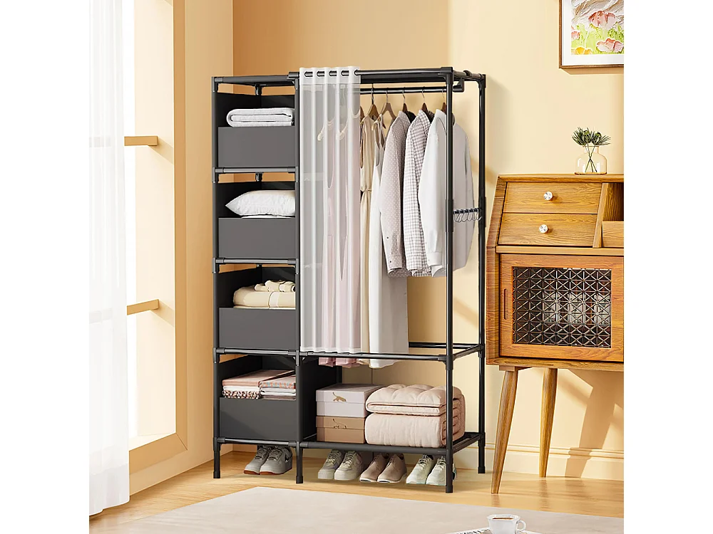 Portable Metal Closet Cabinet with Hanging Rod and Shelves - Black